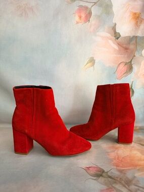 Halogen Red Suede Block Heel Ankle Boots